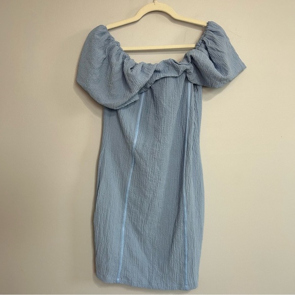 NWT Nasty Gal Naanaa Ruched Fabric Bardot Mini Dress Blue Off-Shoulder Size 10 - Picture 1 of 8